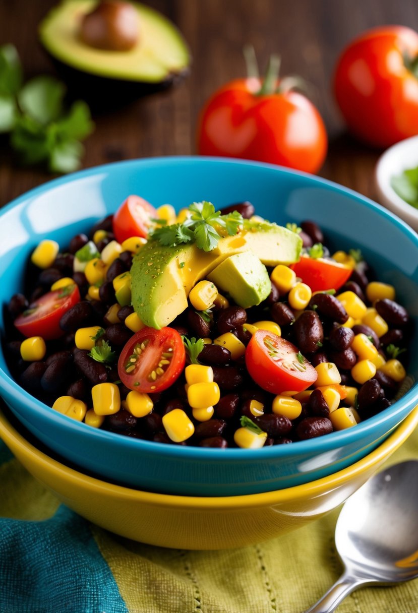 A colorful bowl of black bean and corn salad with tomatoes, bell peppers, and avocado, topped with a zesty vinaigrette dressing