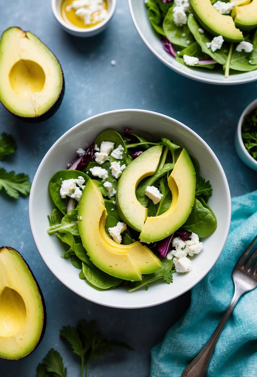 A vibrant bowl of Bibb salad with sliced avocado and crumbled goat cheese, surrounded by fresh ingredients and a light vinaigrette dressing