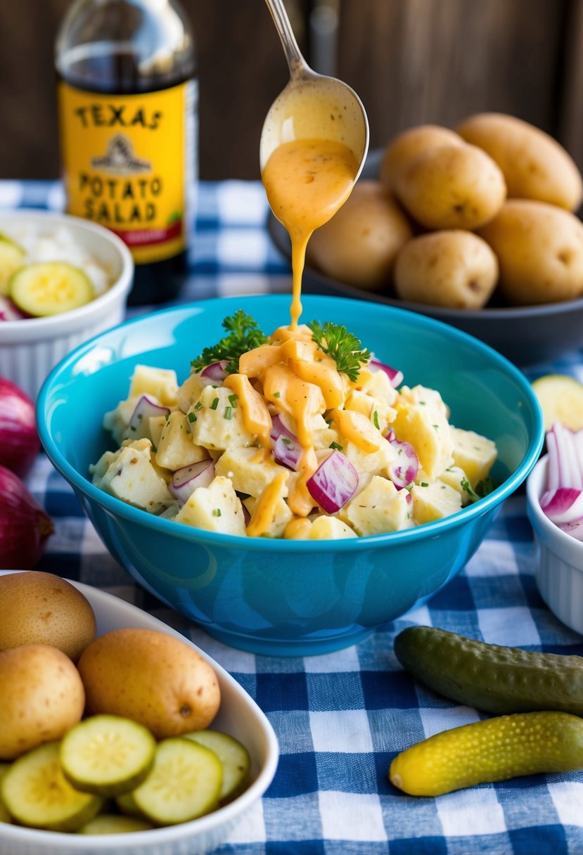 A picnic table set with a bowl of classic Texas potato salad, surrounded by ingredients like potatoes, pickles, and onions. A tangy dressing is drizzled over the salad