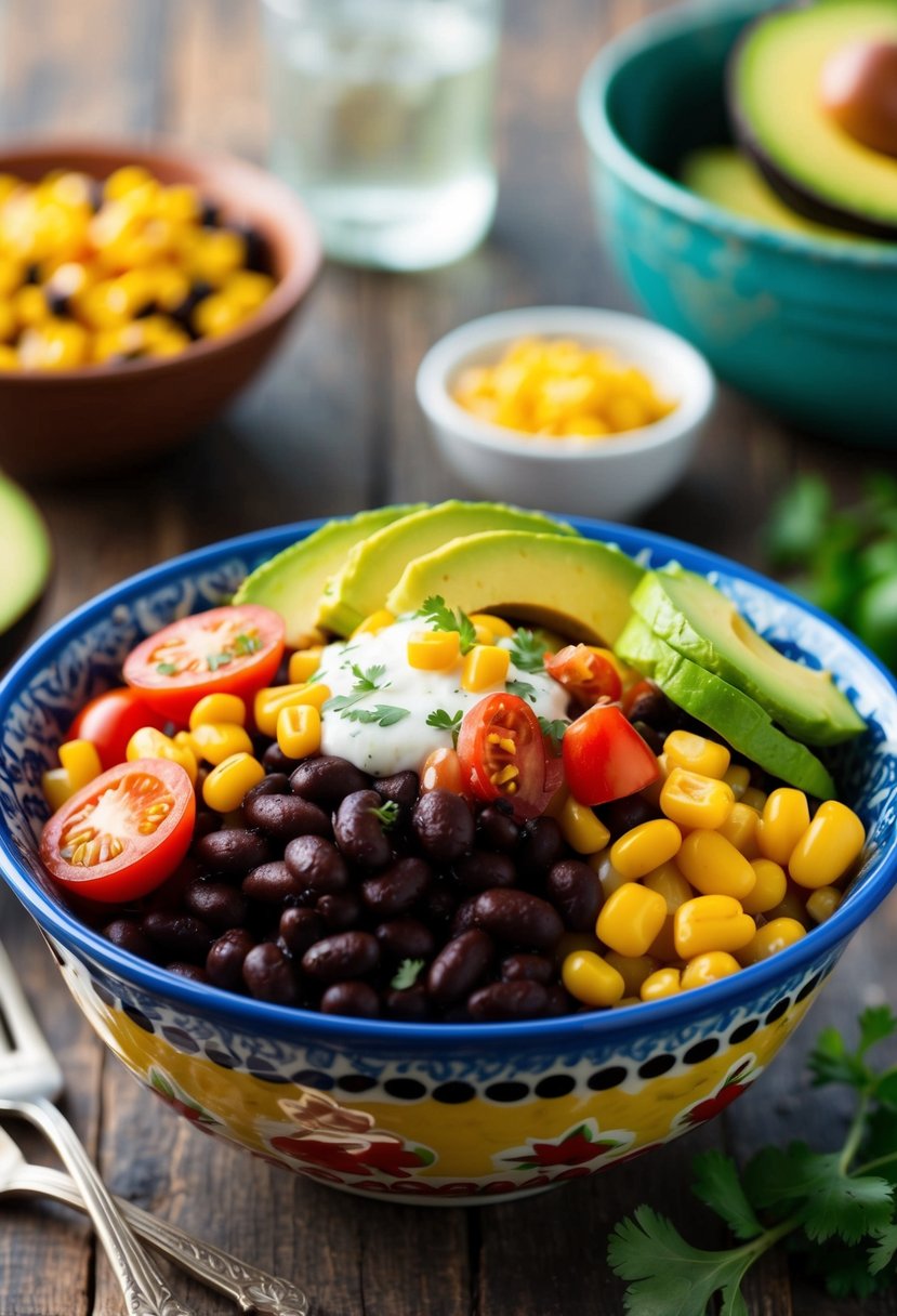 A colorful bowl filled with black beans, pinto beans, corn, tomatoes, and avocado, topped with a zesty dressing, sitting on a rustic Texan-themed table