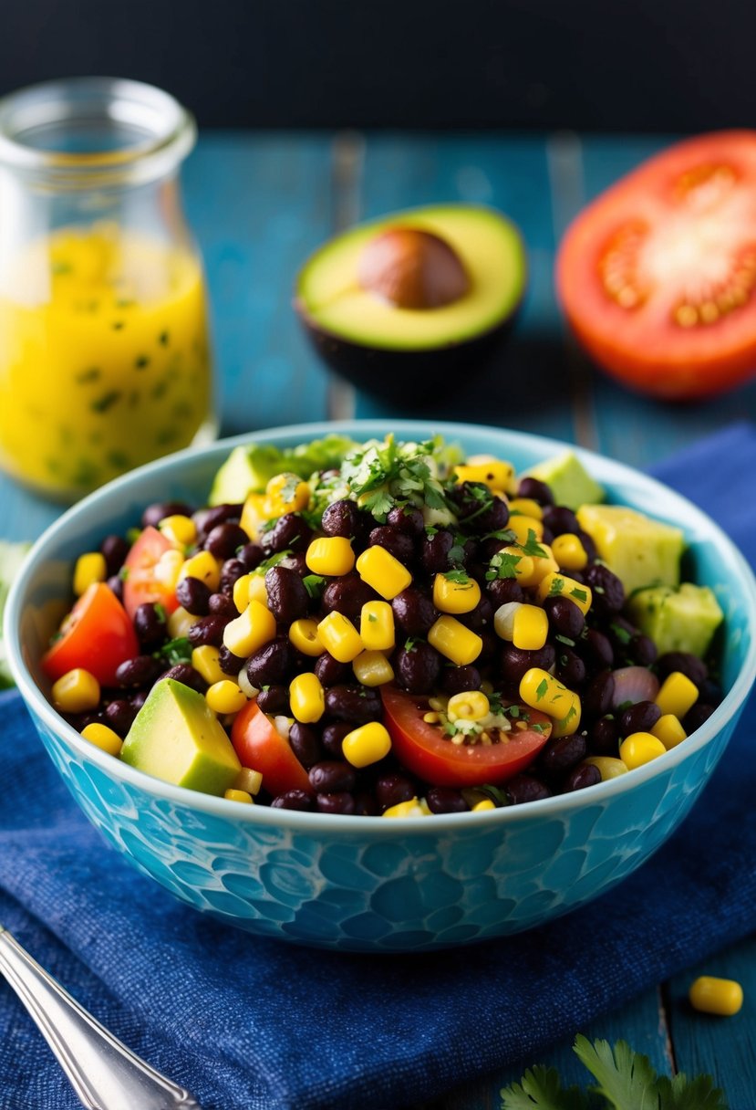 A colorful bowl of Texas caviar salad with black beans, corn, tomatoes, and avocado, drizzled with a zesty vinaigrette