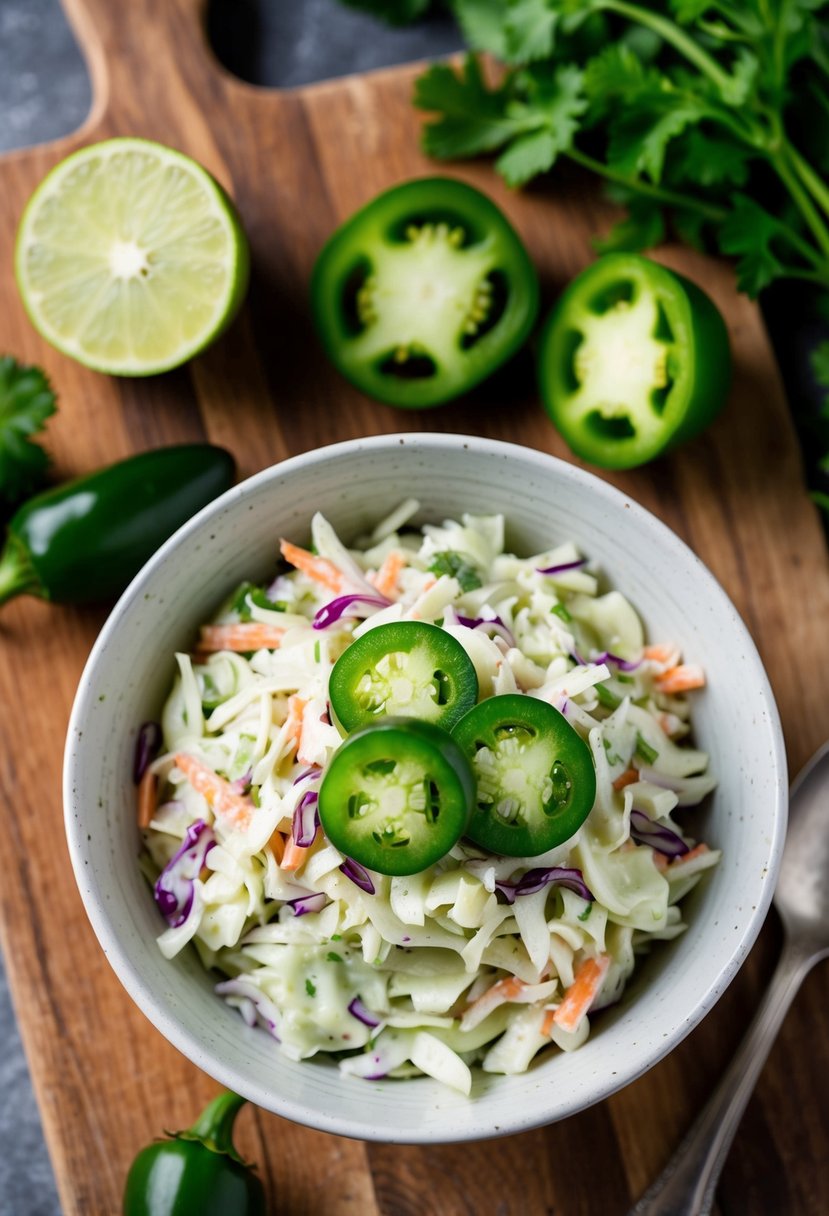 A bowl of Texas-style coleslaw with jalapeños, surrounded by fresh vegetables and a rustic wooden cutting board