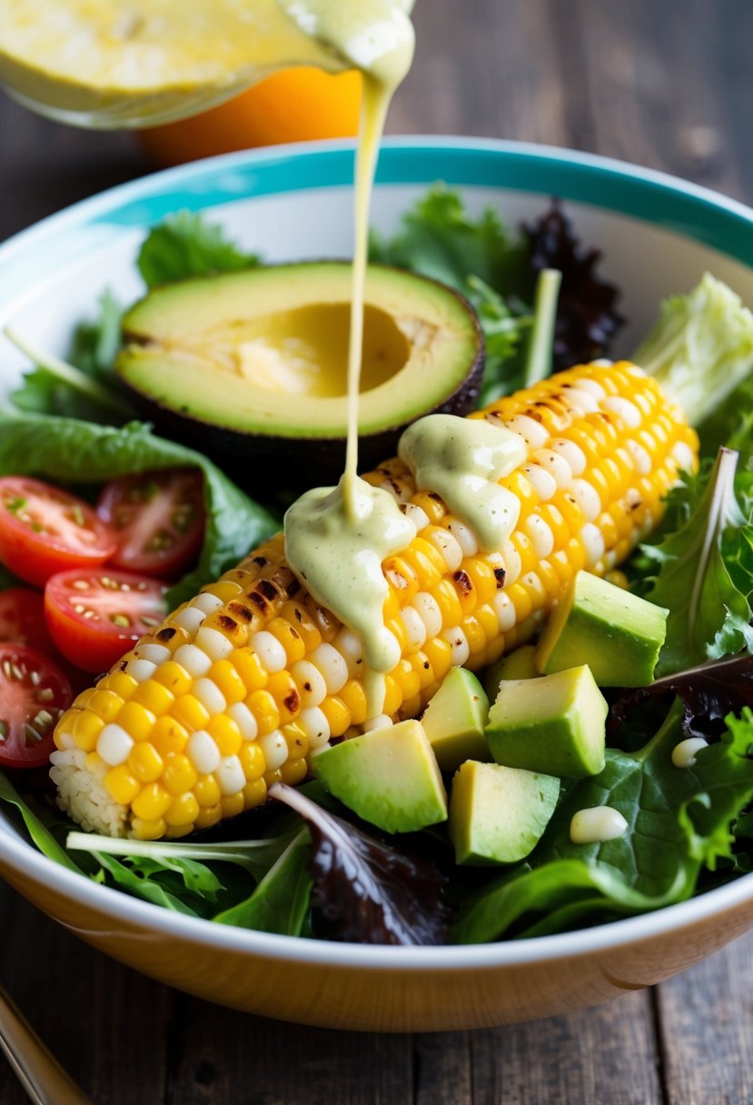 A colorful bowl filled with grilled corn, diced avocado, tomatoes, and mixed greens, drizzled with a tangy dressing