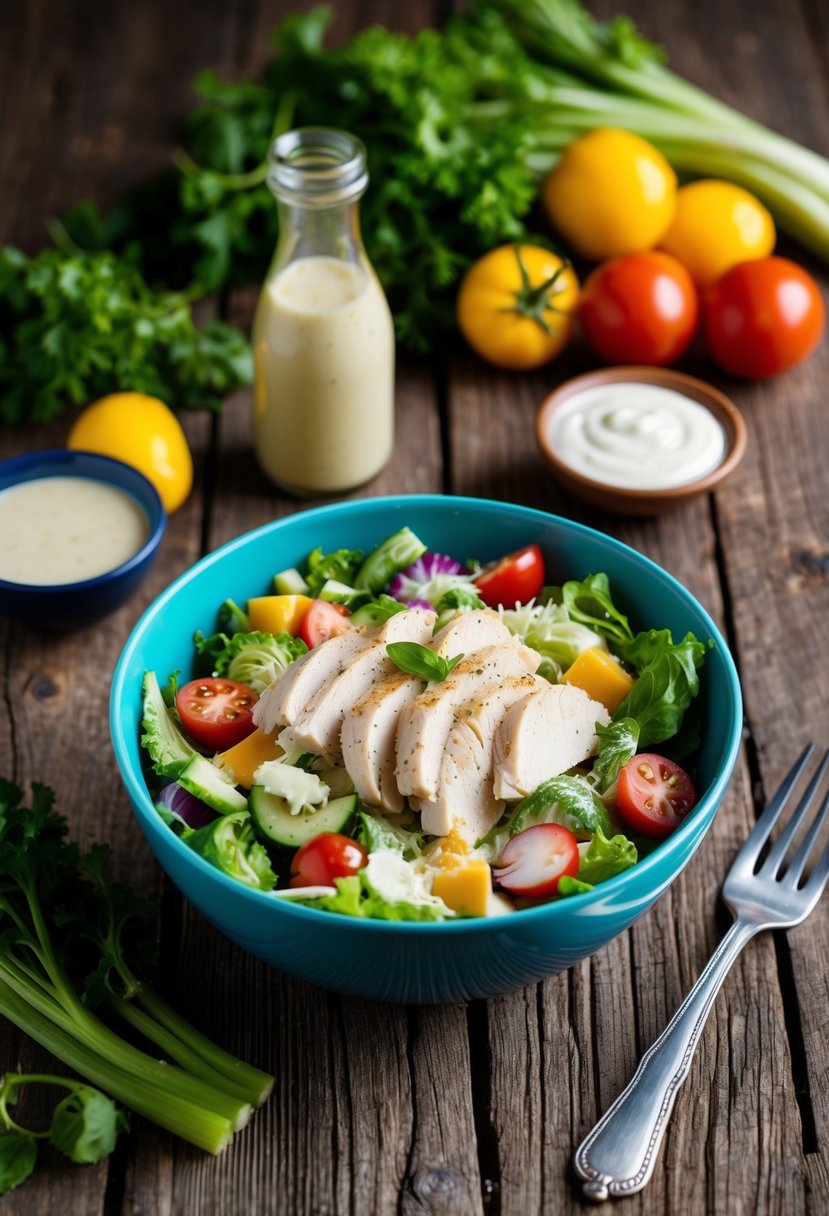 A rustic wooden table with a colorful bowl of chicken caesar salad, surrounded by fresh vegetables and a bottle of dressing