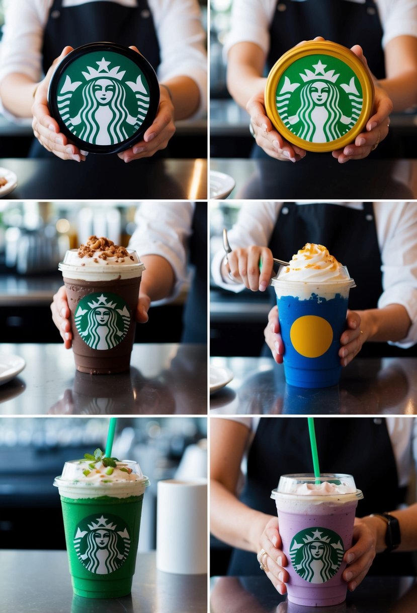 A barista preparing different Starbucks recipes, each representing a zodiac sign, with unique ingredients and colors