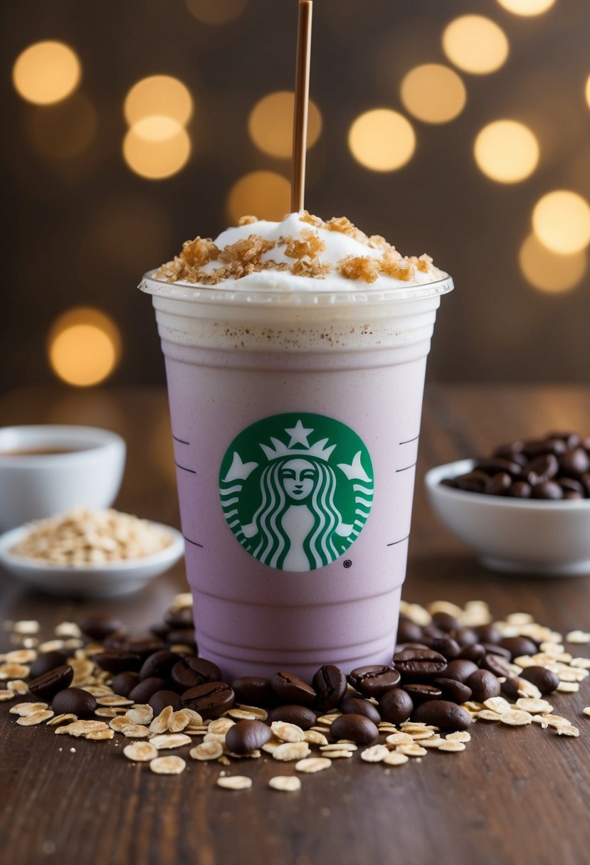 An Aries-themed Starbucks drink surrounded by oats, sugar, and espresso beans