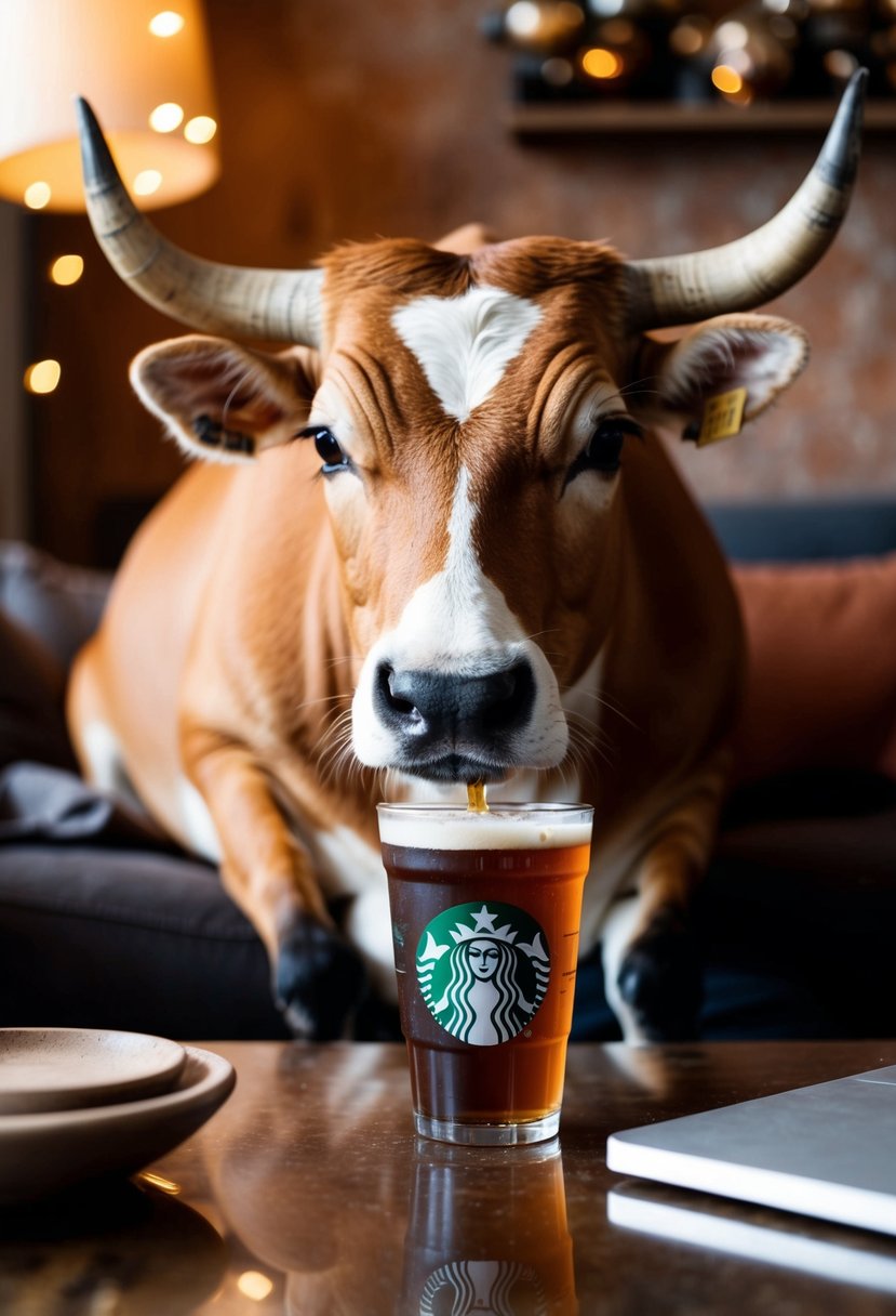 A Taurus enjoys sipping on a Nitro Cold Brew from Starbucks, surrounded by earthy tones and cozy ambiance