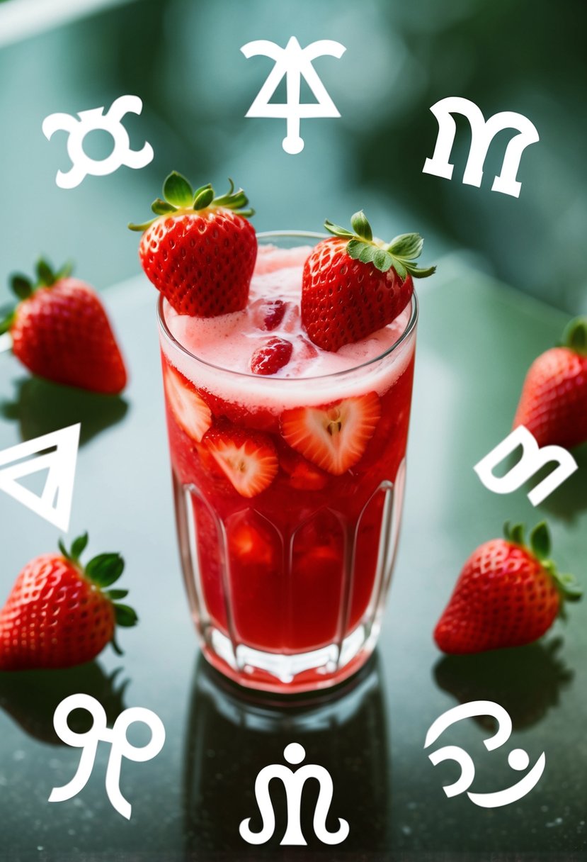 A refreshing strawberry drink surrounded by Gemini zodiac symbols