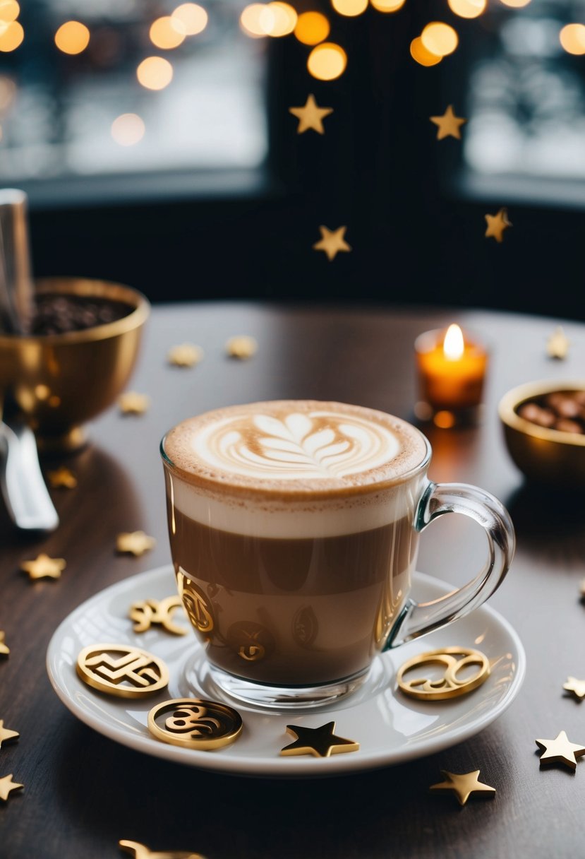 A caramel macchiato sits on a table, surrounded by zodiac symbols and stars, capturing the essence of Leo's love for luxury and indulgence