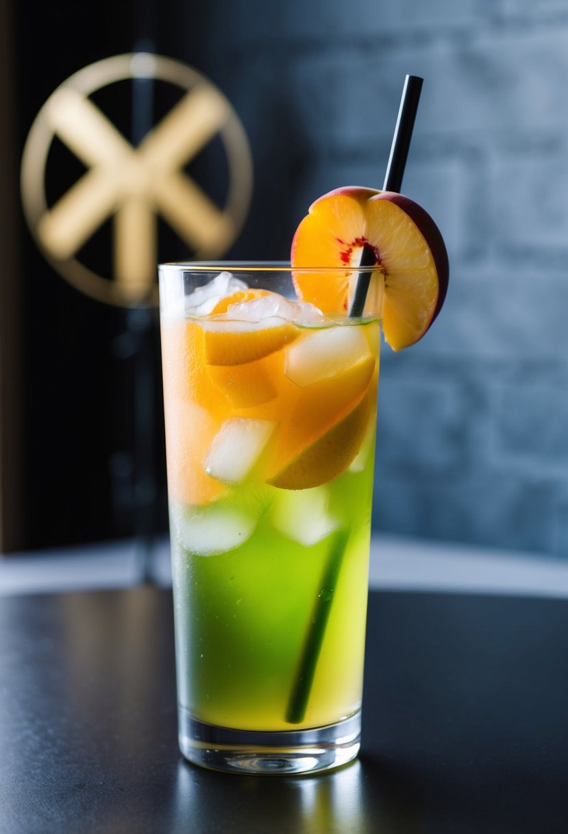 A refreshing glass of iced peach green tea lemonade sits on a table, with the Virgo zodiac sign symbol in the background