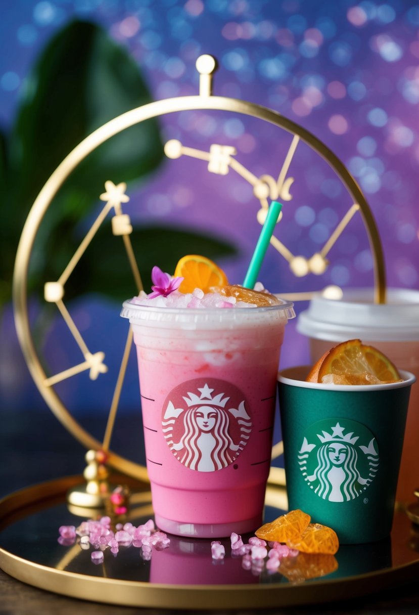 A Libra symbol surrounded by pink drink ingredients and a Starbucks cup, with zodiac constellations in the background