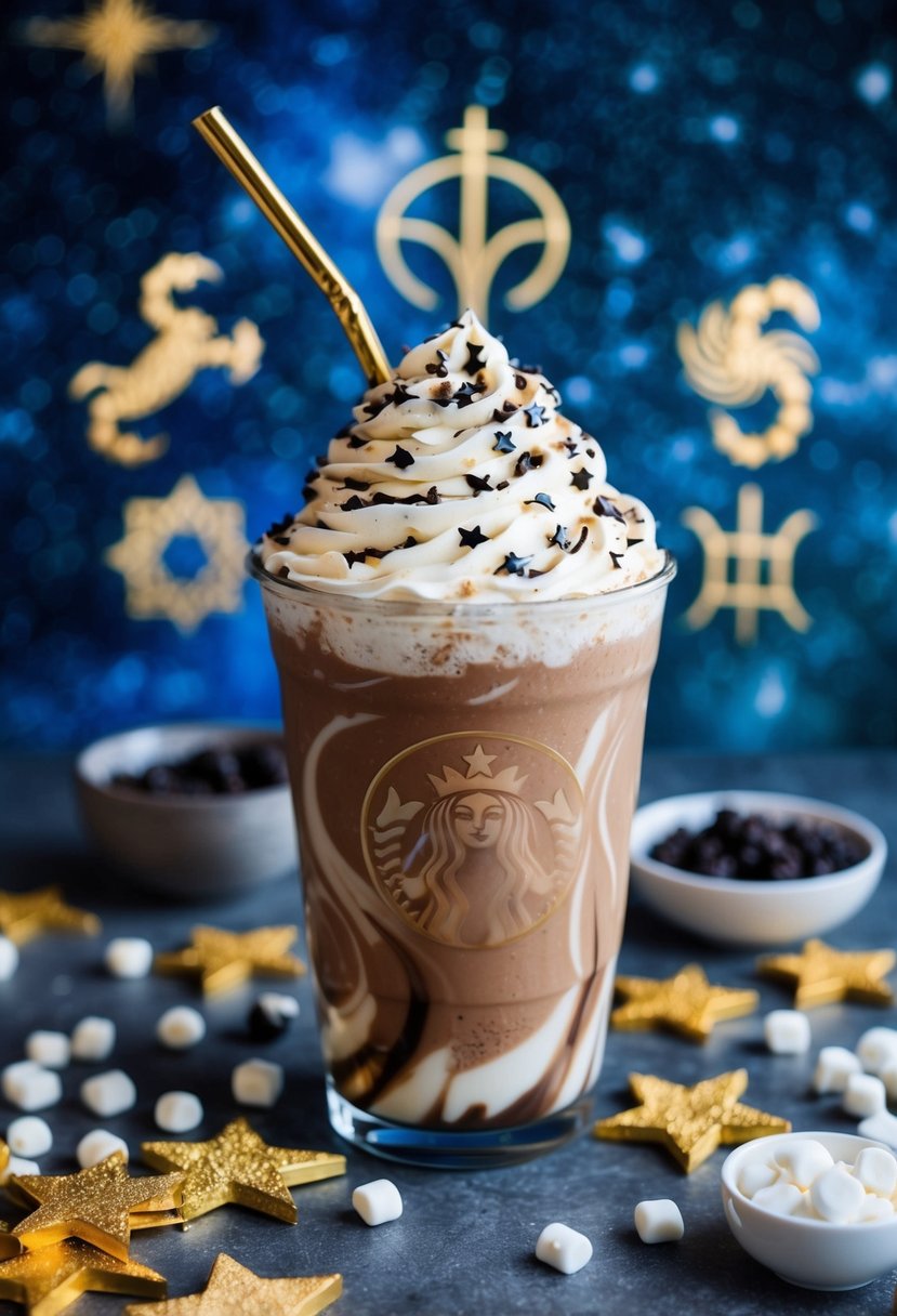 A mocha frappuccino swirling with starry patterns, surrounded by Scorpio zodiac symbols and a celestial backdrop