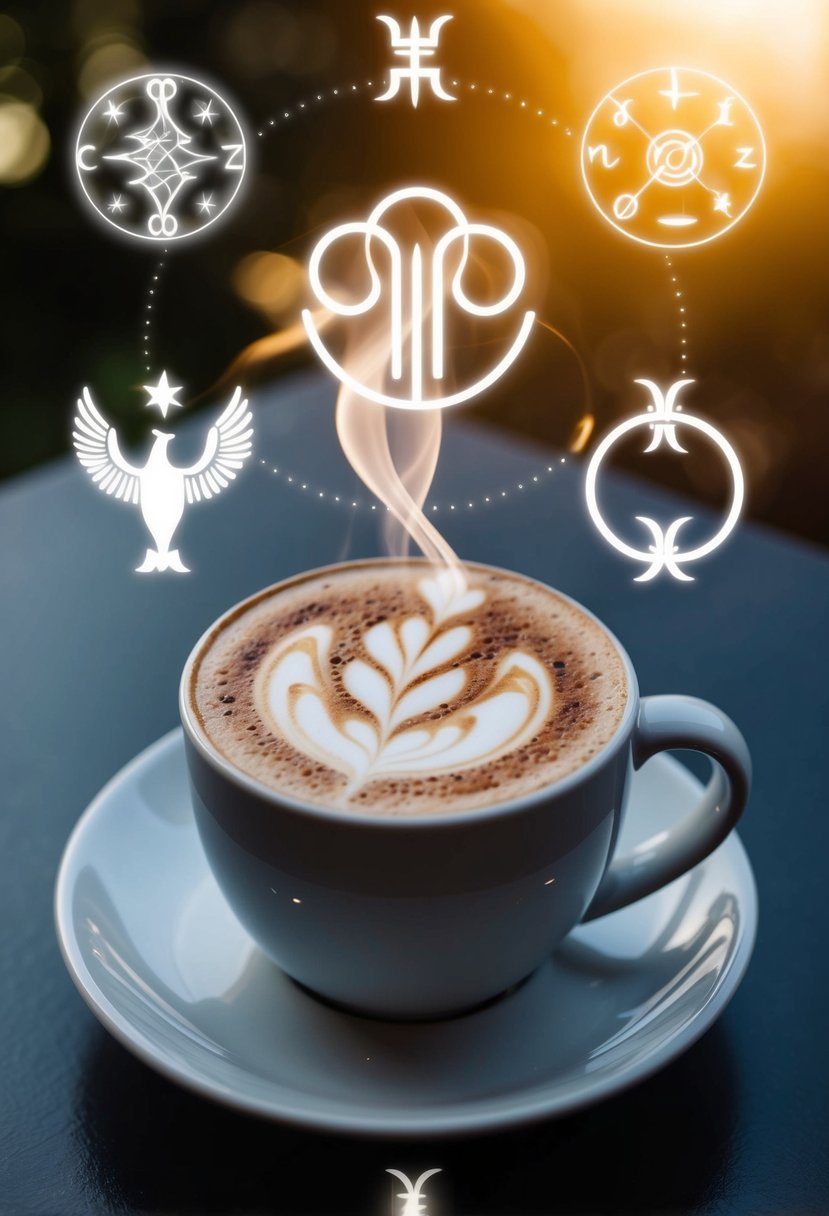 A steaming Cinnamon Dolce Latte sits on a table, surrounded by celestial symbols and imagery representing the zodiac sign Sagittarius