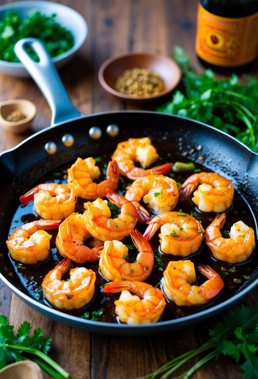 A sizzling skillet of shrimp coated in a glossy, sticky glaze, surrounded by vibrant herbs and spices