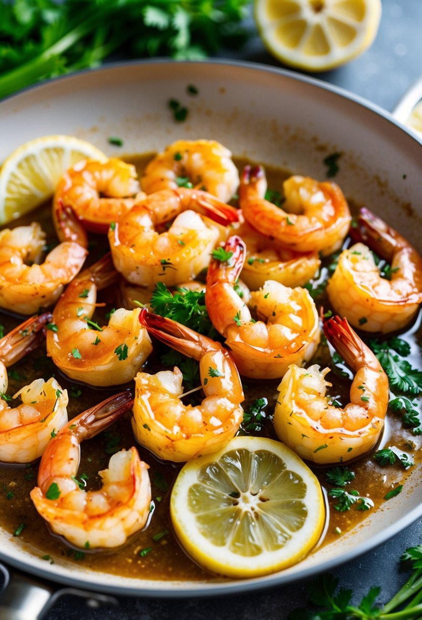 A sizzling skillet of honey garlic butter shrimp, glistening with sticky glaze, surrounded by fresh herbs and lemon slices