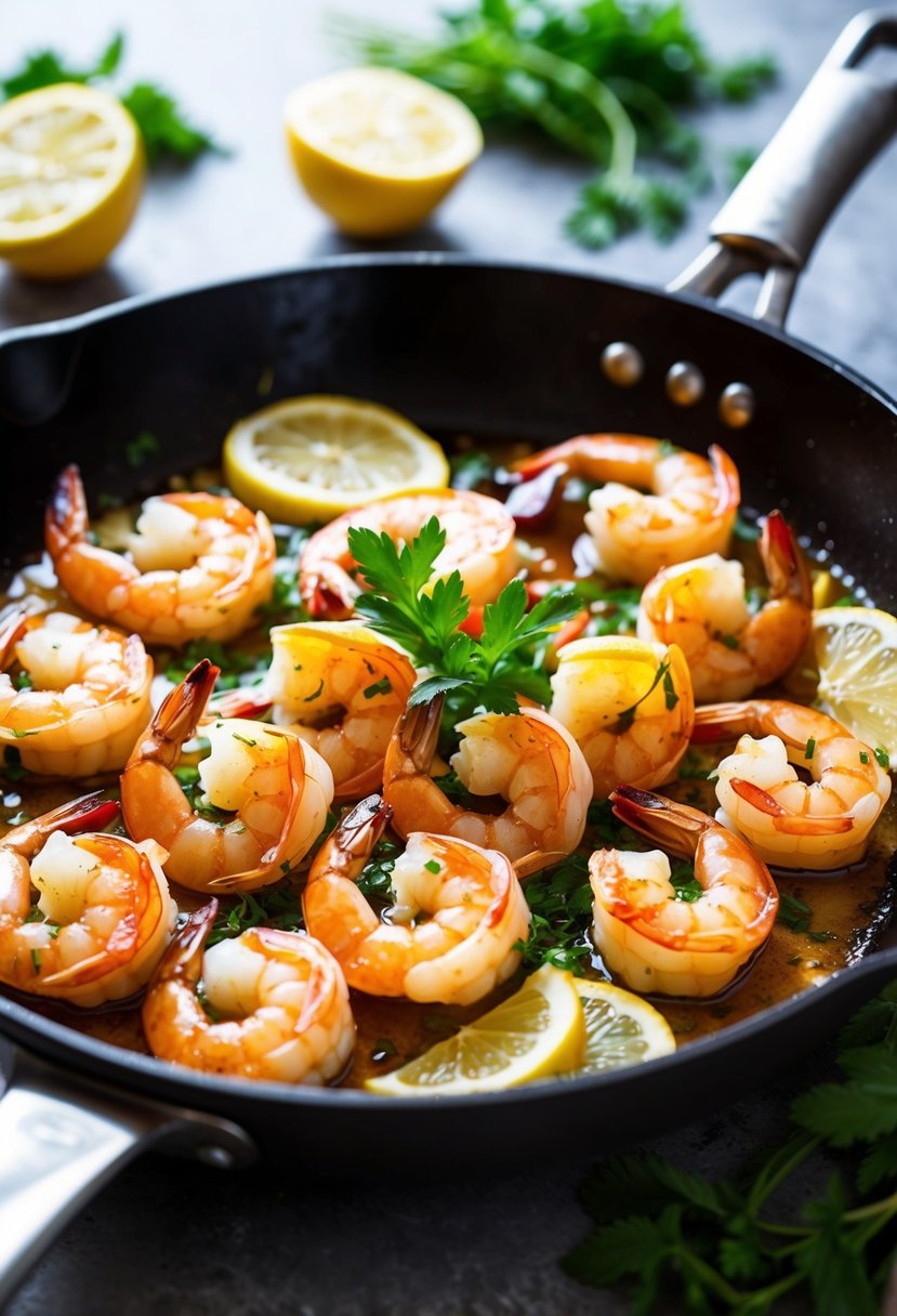 A sizzling skillet with honey garlic shrimp, surrounded by fresh herbs and lemon slices