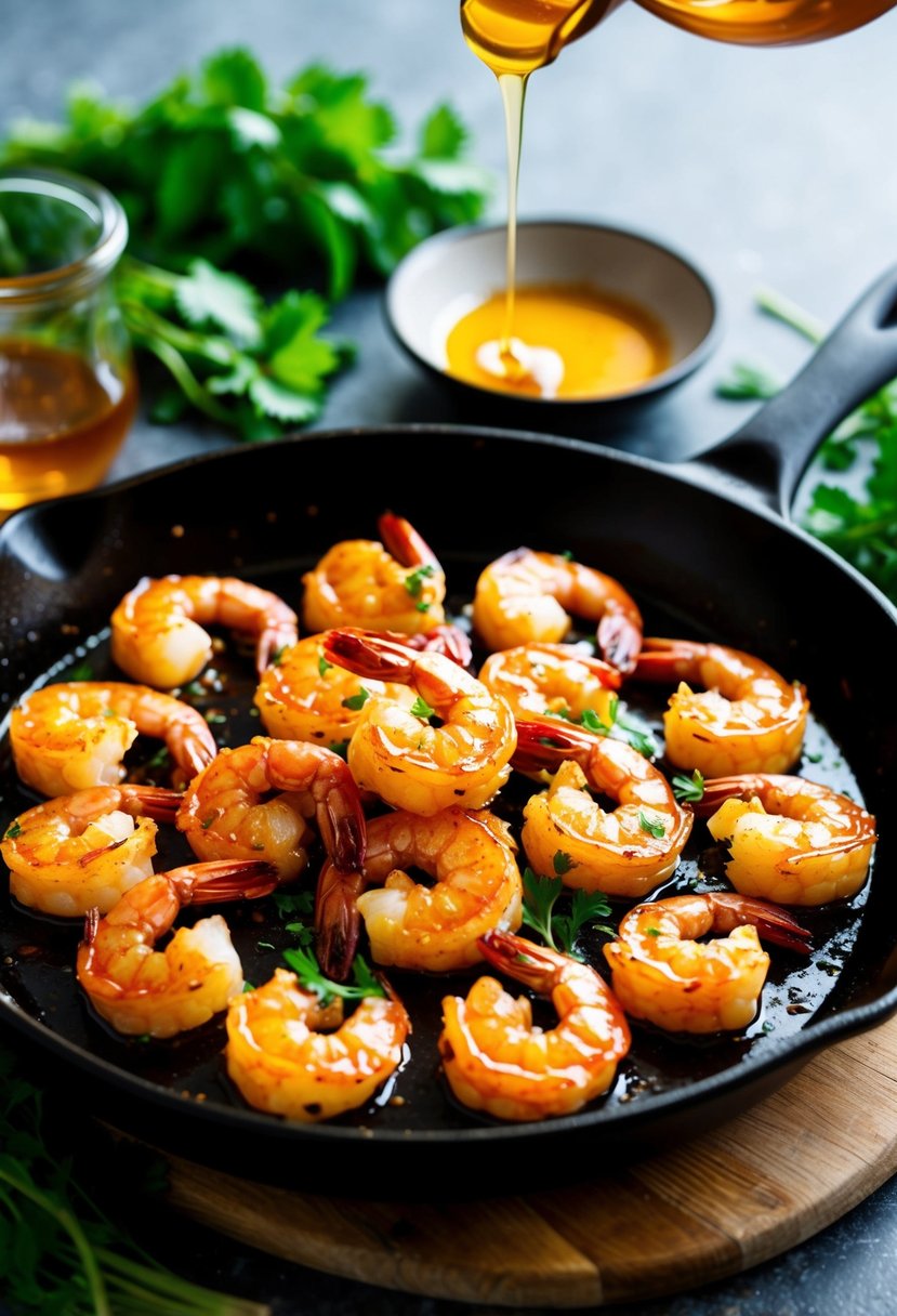 A sizzling skillet of honey-garlic shrimp, glistening with a sticky glaze, surrounded by vibrant green herbs and a drizzle of golden honey