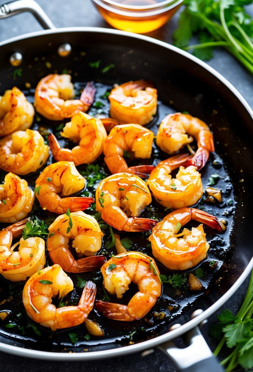 A sizzling skillet of honey garlic shrimp, coated in a sticky glaze, surrounded by fresh herbs and a drizzle of honey