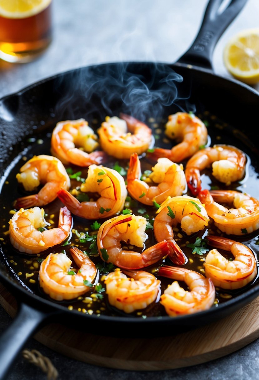 A sizzling skillet of honey garlic shrimp marinating in a zesty lemon-soy sauce, emitting a mouthwatering aroma