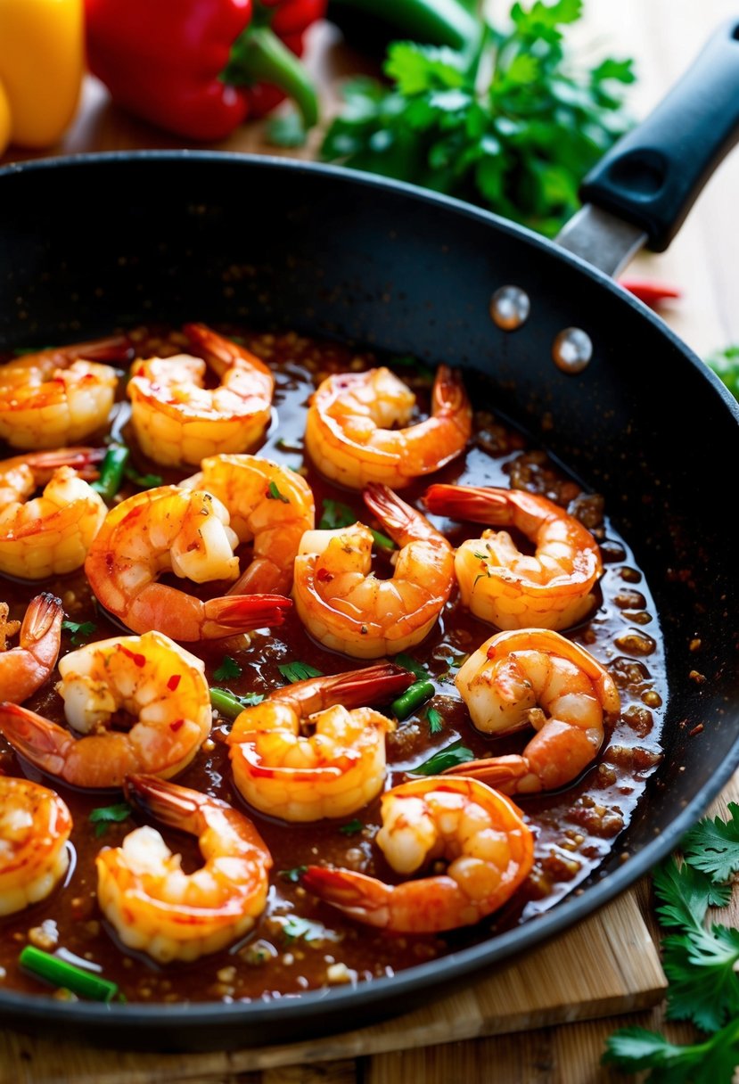 A sizzling skillet of garlic glazed shrimp, glistening with a sweet and spicy sauce, surrounded by colorful ingredients like peppers and herbs