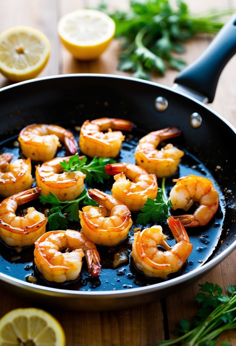 A sizzling skillet of honey garlic shrimp, glistening with sticky glaze and surrounded by fresh herbs and lemon slices