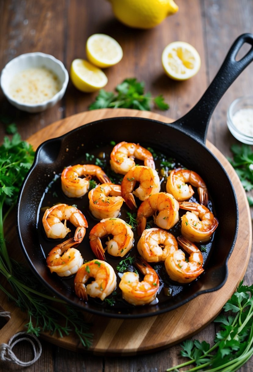 A sizzling skillet of honey garlic shrimp, glistening with sticky glaze, surrounded by fresh herbs and lemon wedges