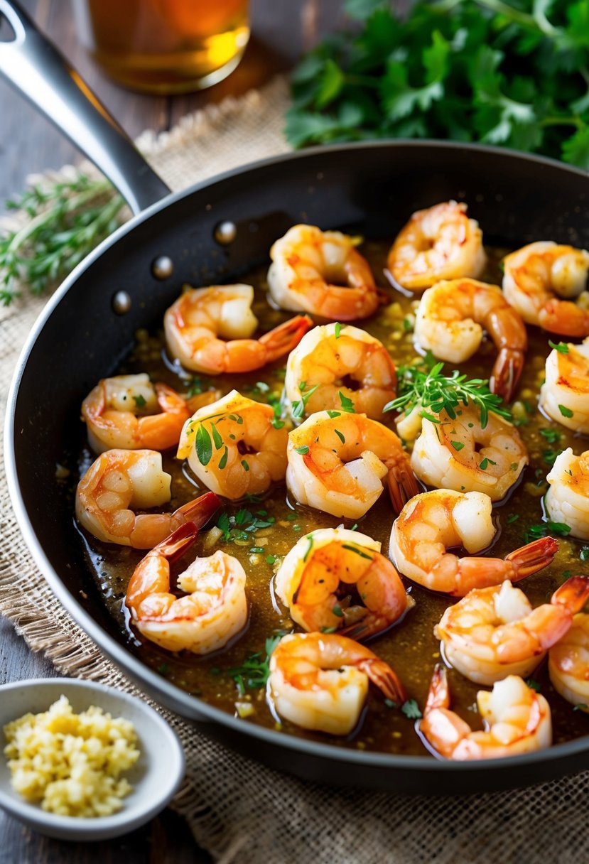 A sizzling skillet of sticky shrimp coated in browned butter, honey, and garlic, with a sprinkle of fresh herbs on top