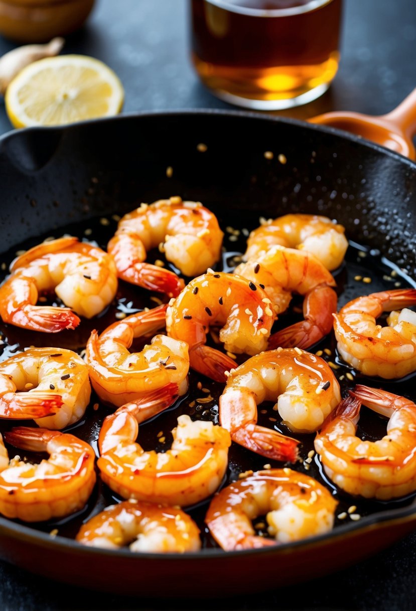 A sizzling skillet of plump, pink shrimp coated in a glistening glaze of honey, garlic, and soy sauce, with a sprinkle of sesame seeds