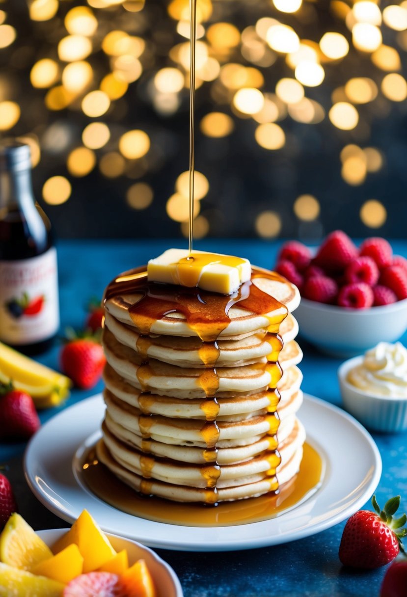 A stack of pancakes topped with syrup and butter, surrounded by a variety of fresh fruits and whipped cream