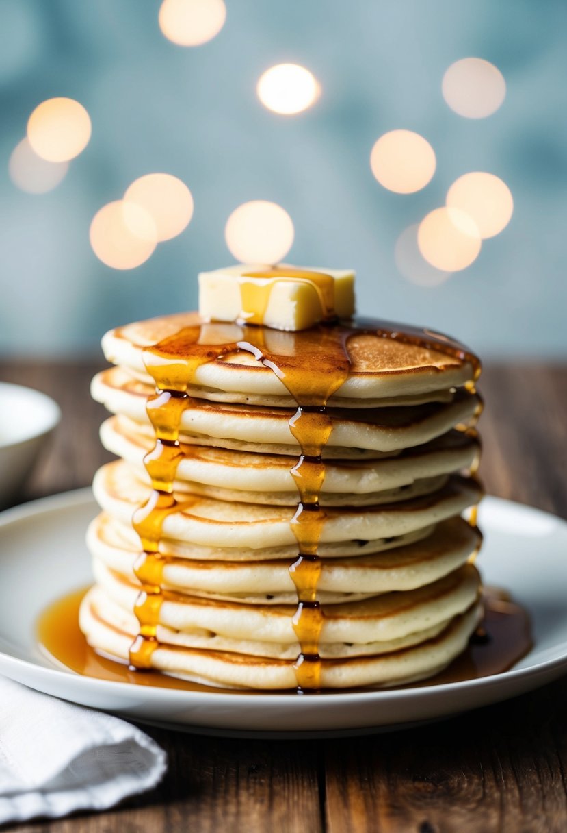 A stack of fluffy buttermilk pancakes topped with butter and syrup on a white plate