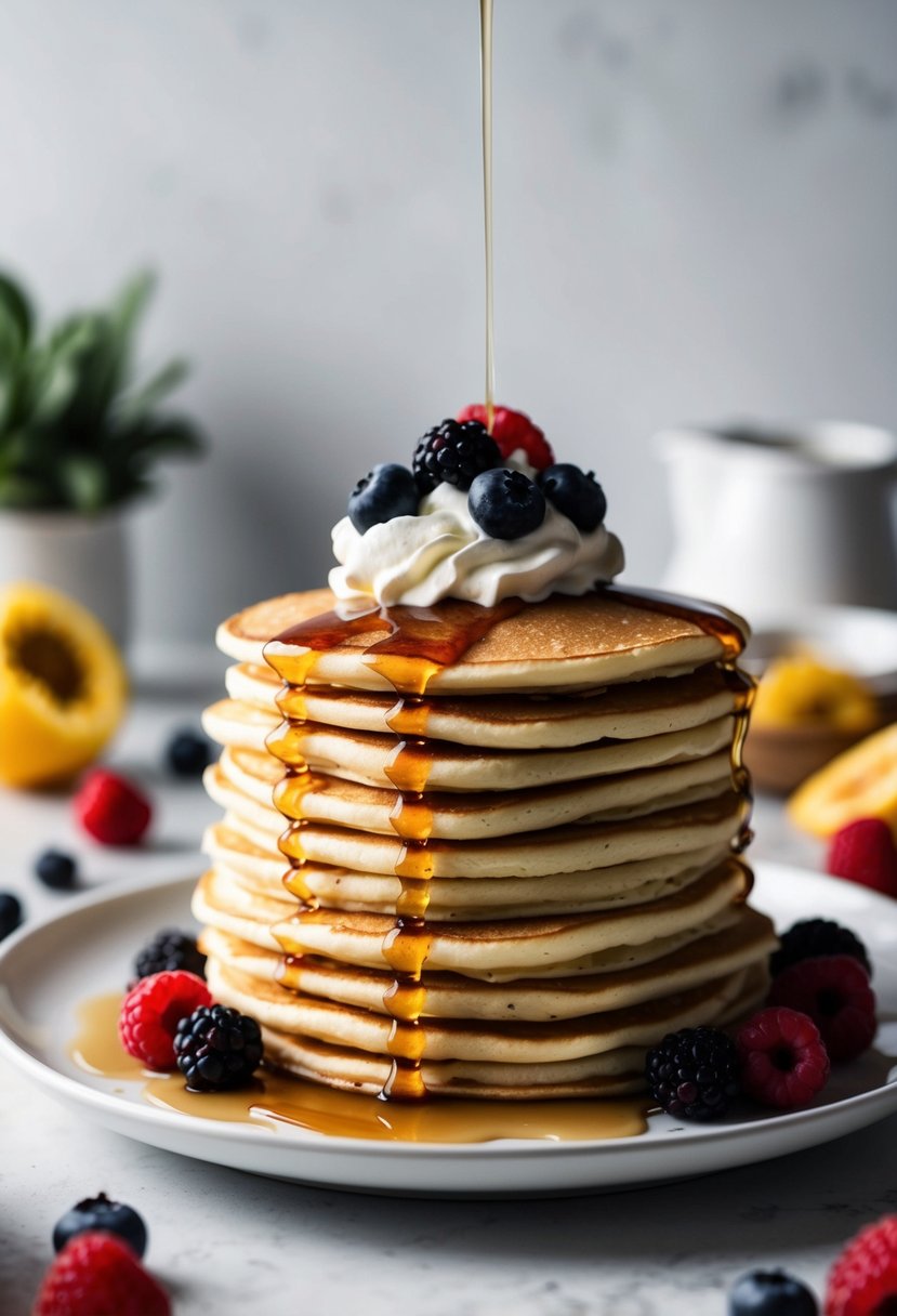 A stack of Swedish pancakes topped with berries and a dollop of whipped cream on a white plate, surrounded by a scattering of fresh fruit and a drizzle of maple syrup