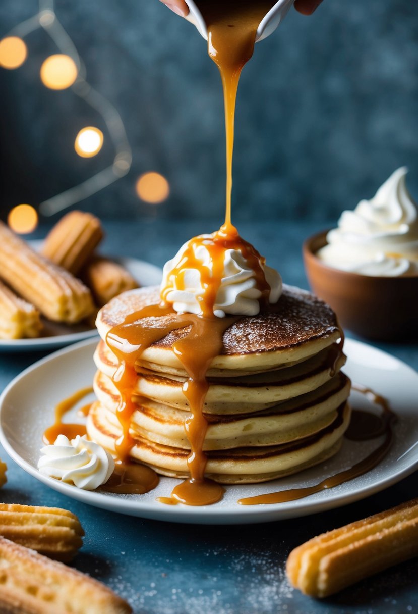 Golden pancakes topped with cinnamon sugar and drizzled with caramel sauce, surrounded by churros and a dollop of whipped cream