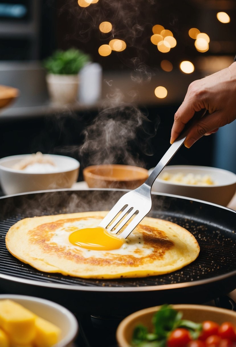 A sizzling pancake omelette being cooked on a hot griddle, surrounded by bowls of fresh ingredients and a spatula ready to flip