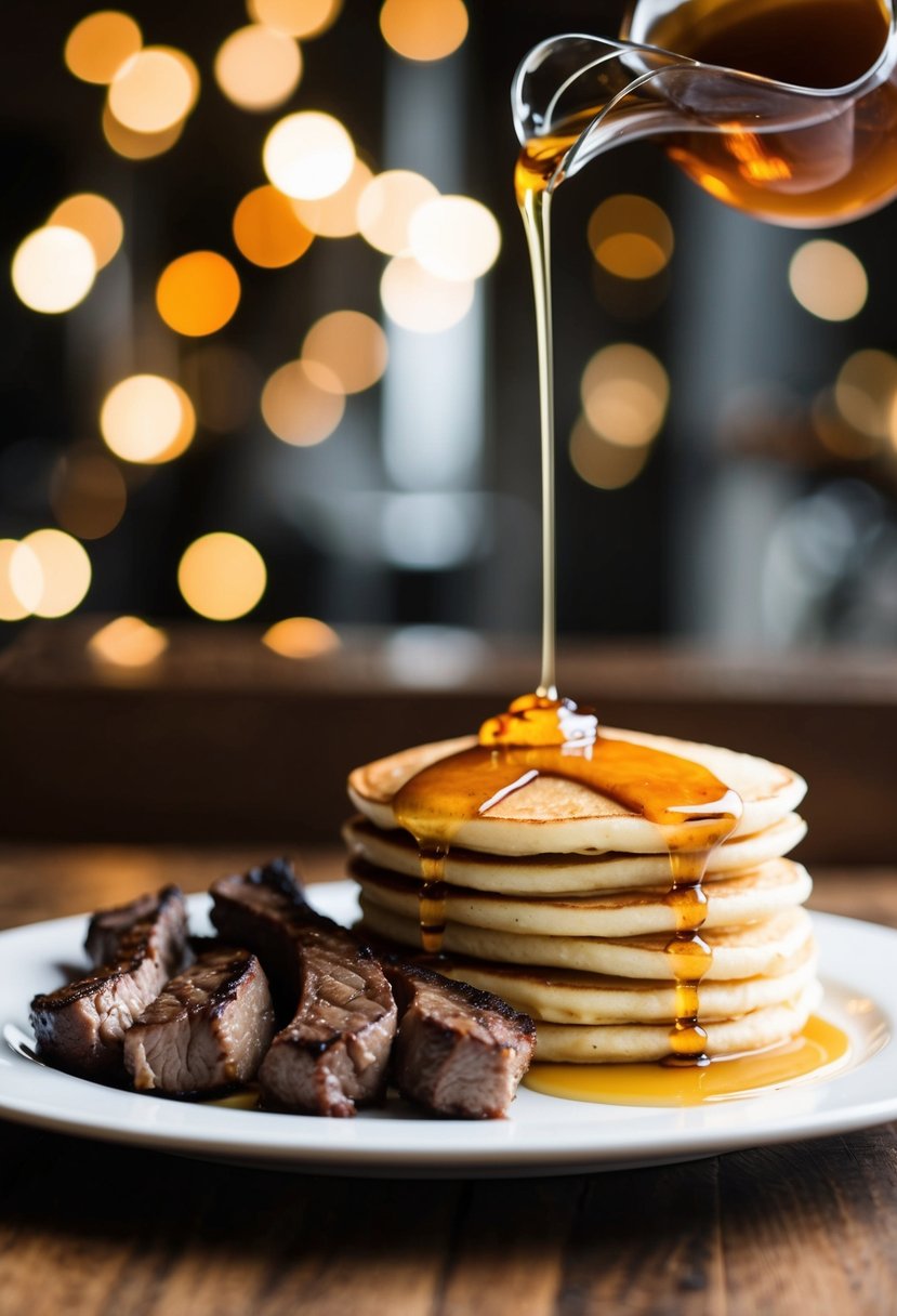 A sizzling plate of steak tips alongside a stack of fluffy pancakes, drizzled with syrup