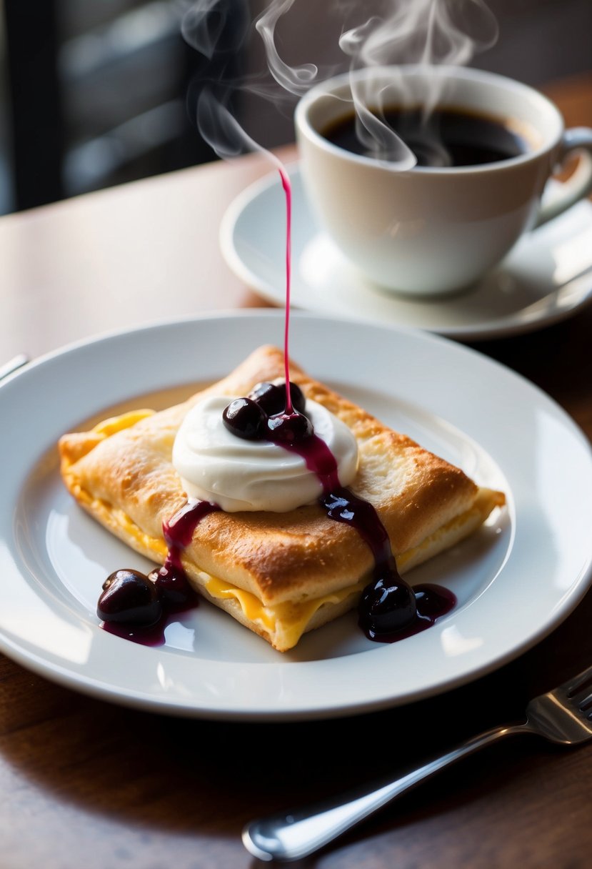 A plate of IHOP cheese blintz with a dollop of sour cream and a drizzle of fruit compote, served alongside a steaming cup of coffee