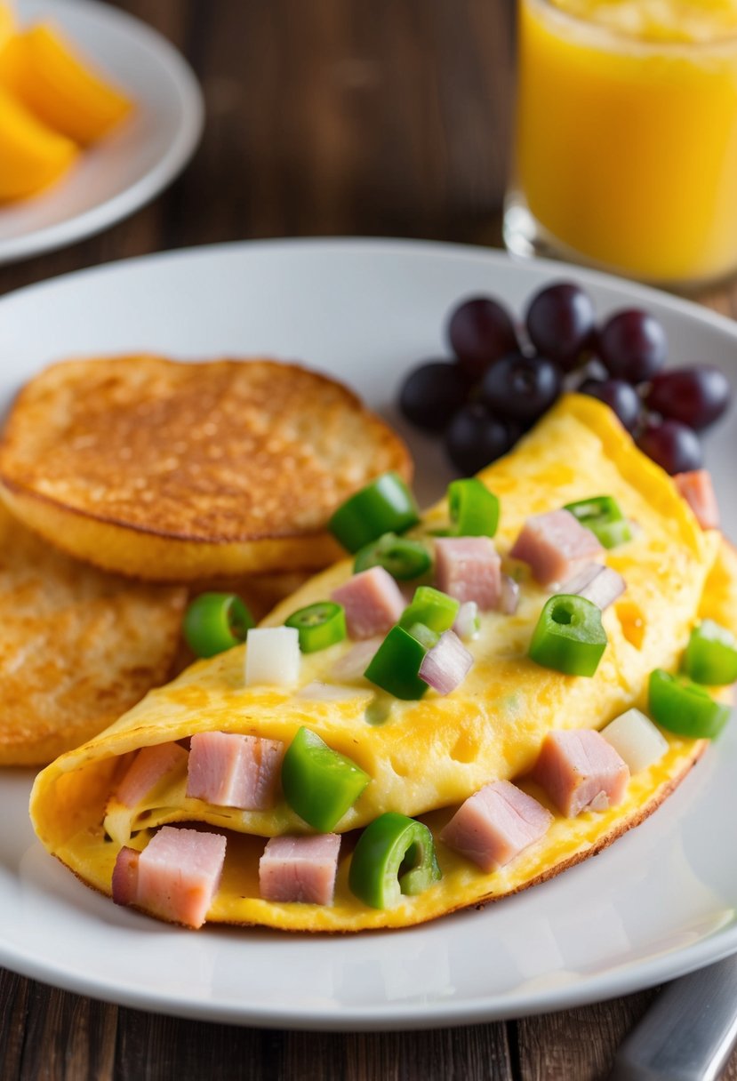 A sizzling omelette filled with diced ham, green peppers, onions, and melted cheese, served alongside golden hash browns and a side of fresh fruit