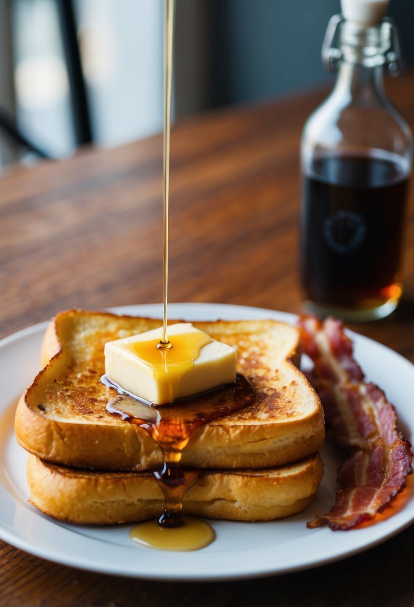 A plate of French toast with a side of bacon and a dollop of butter, drizzled with maple syrup, sits on a wooden table