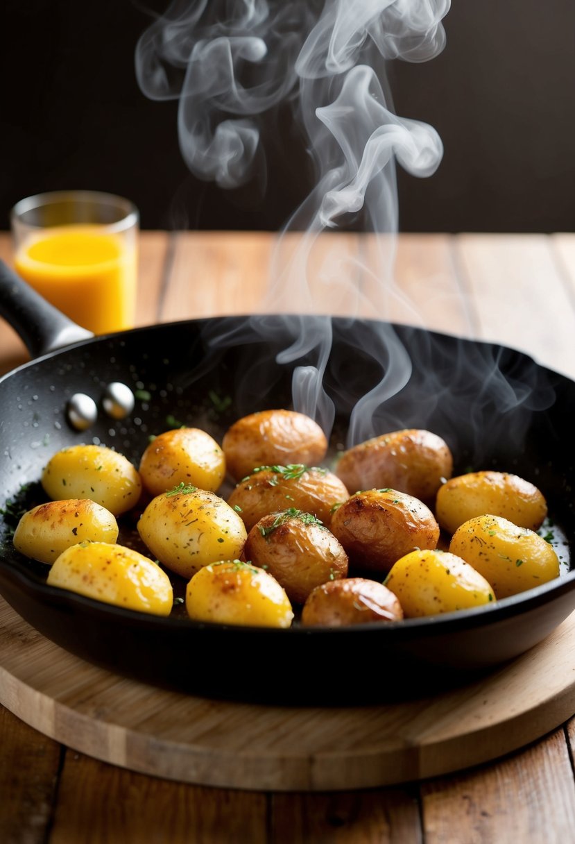 Golden-brown breakfast potatoes sizzling in a skillet, steam rising, with a sprinkle of herbs and spices