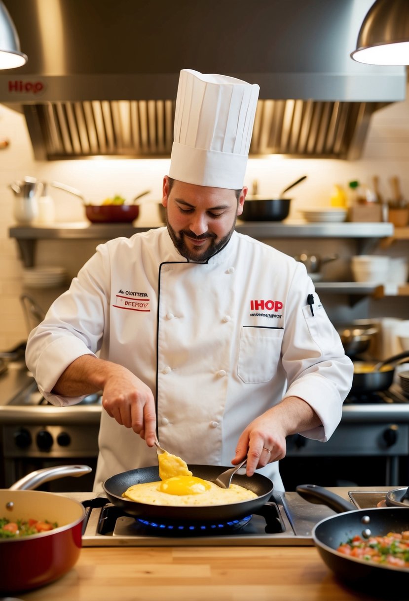 A chef prepares a country omelette in a bustling IHOP kitchen, surrounded by sizzling pans, fresh ingredients, and a warm, inviting atmosphere