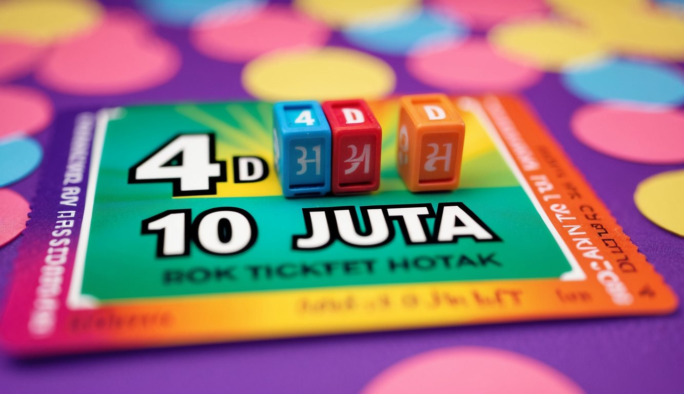 Tiket lotere berwarna-warni dengan hadiah "4D 10 Juta" ditampilkan