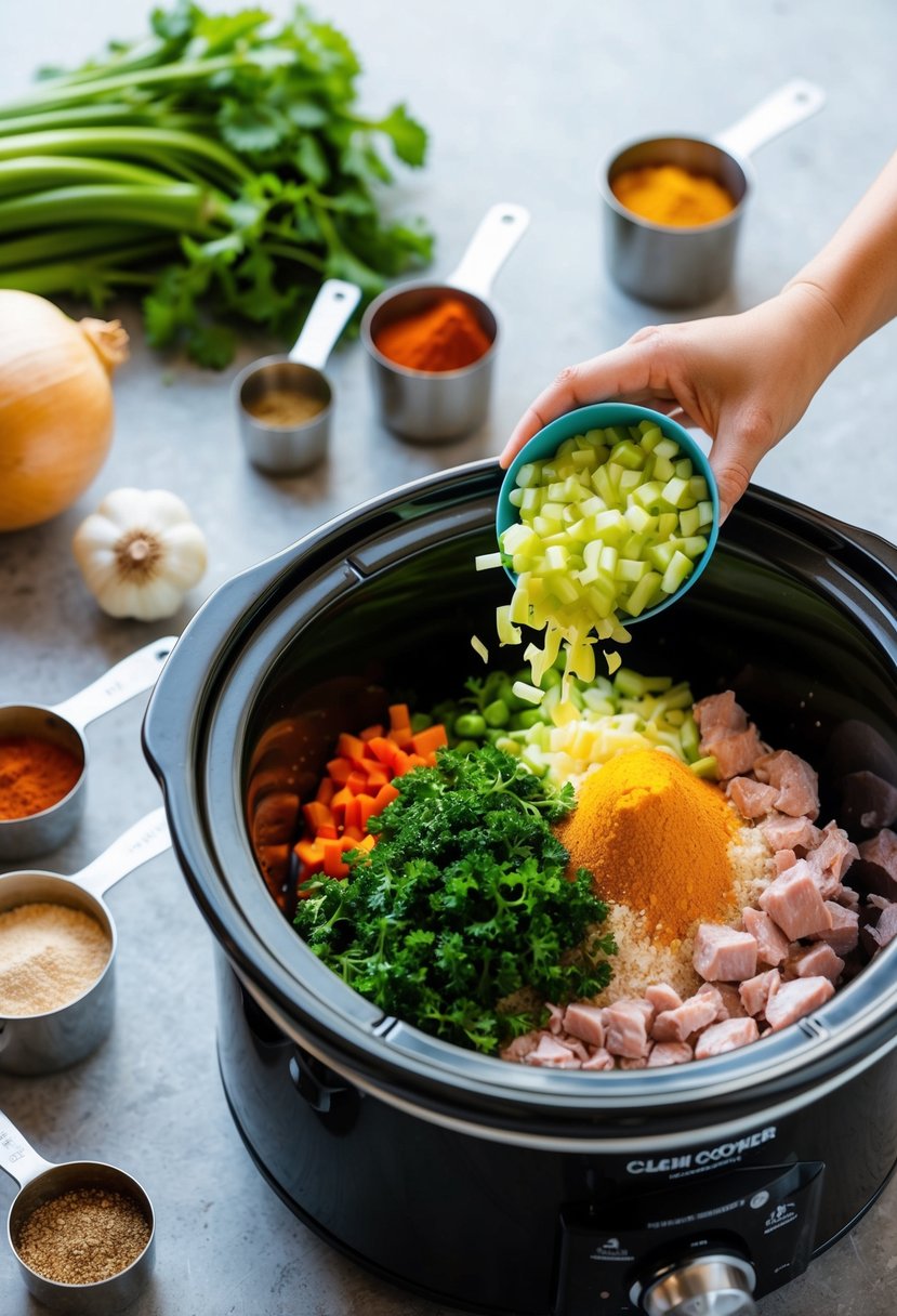 Fresh vegetables and lean proteins being added to a slow cooker, surrounded by measuring cups and spices