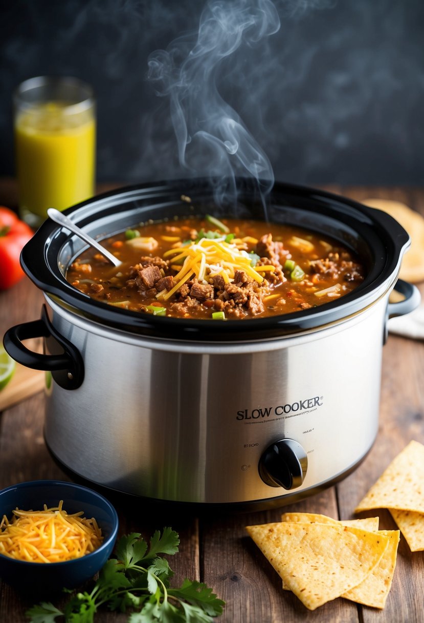 A slow cooker filled with taco soup, featuring ground turkey and low-calorie ingredients, simmering and emitting a savory aroma