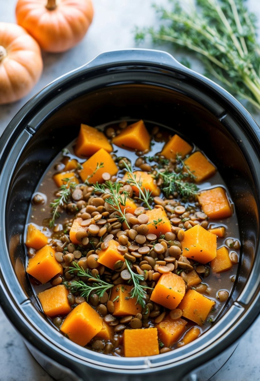 A simmering slow cooker filled with butternut squash, lentils, and aromatic herbs