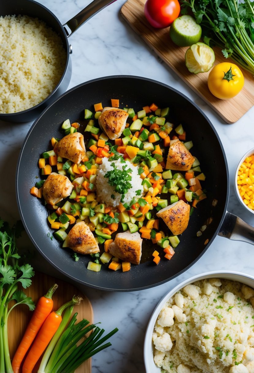 A colorful array of chopped vegetables and chicken sizzling in a pan, with a steaming pot of cauliflower rice nearby