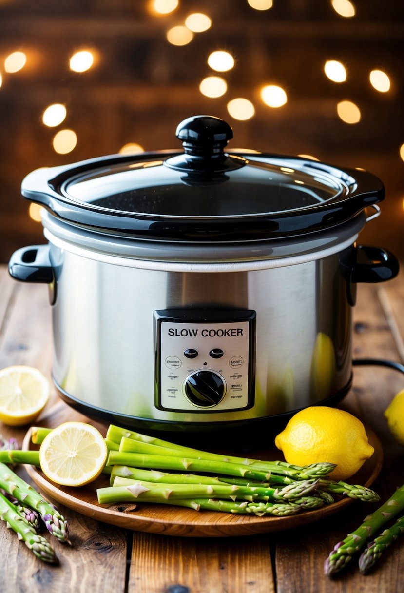 A slow cooker surrounded by fresh asparagus and lemon garlic chicken