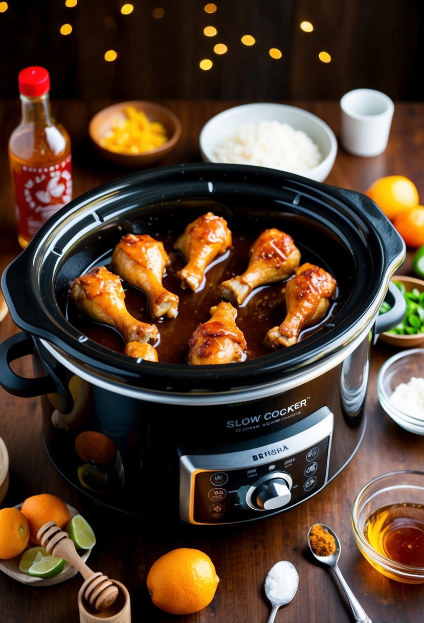 A slow cooker surrounded by honey, sriracha, and chicken drumsticks, with low-calorie ingredients scattered around