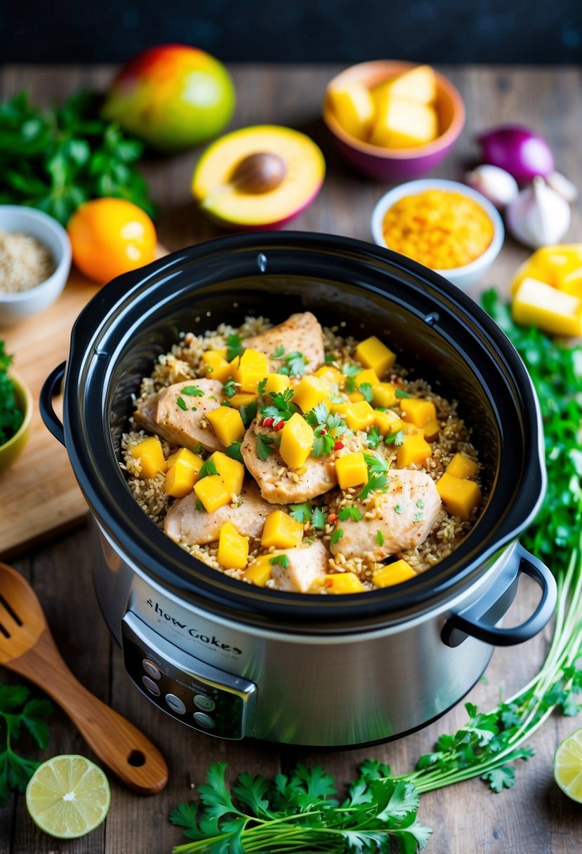 A slow cooker with mango salsa chicken and quinoa, surrounded by colorful ingredients and herbs