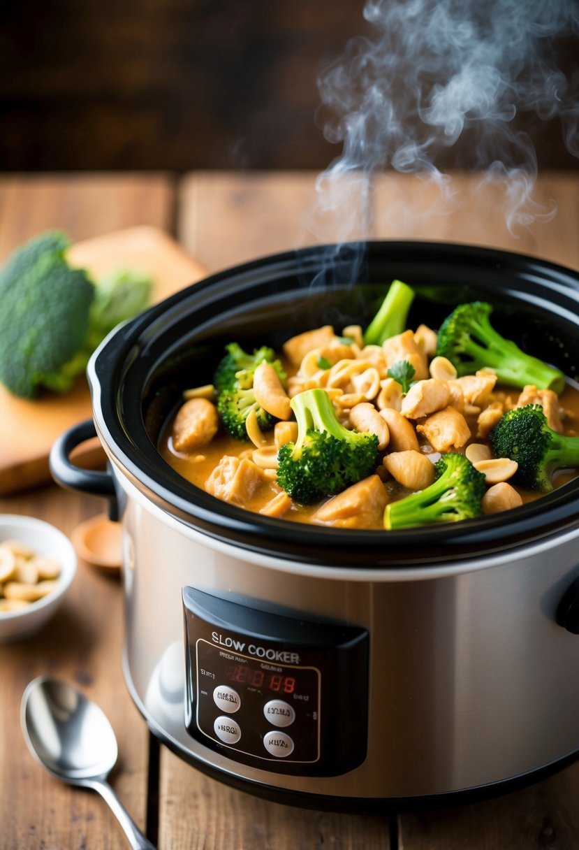 A slow cooker filled with Thai Peanut Chicken and Broccoli, emitting a savory aroma