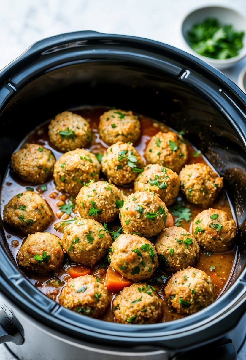 A slow cooker filled with herbed turkey and quinoa meatballs simmering in a flavorful low-calorie sauce