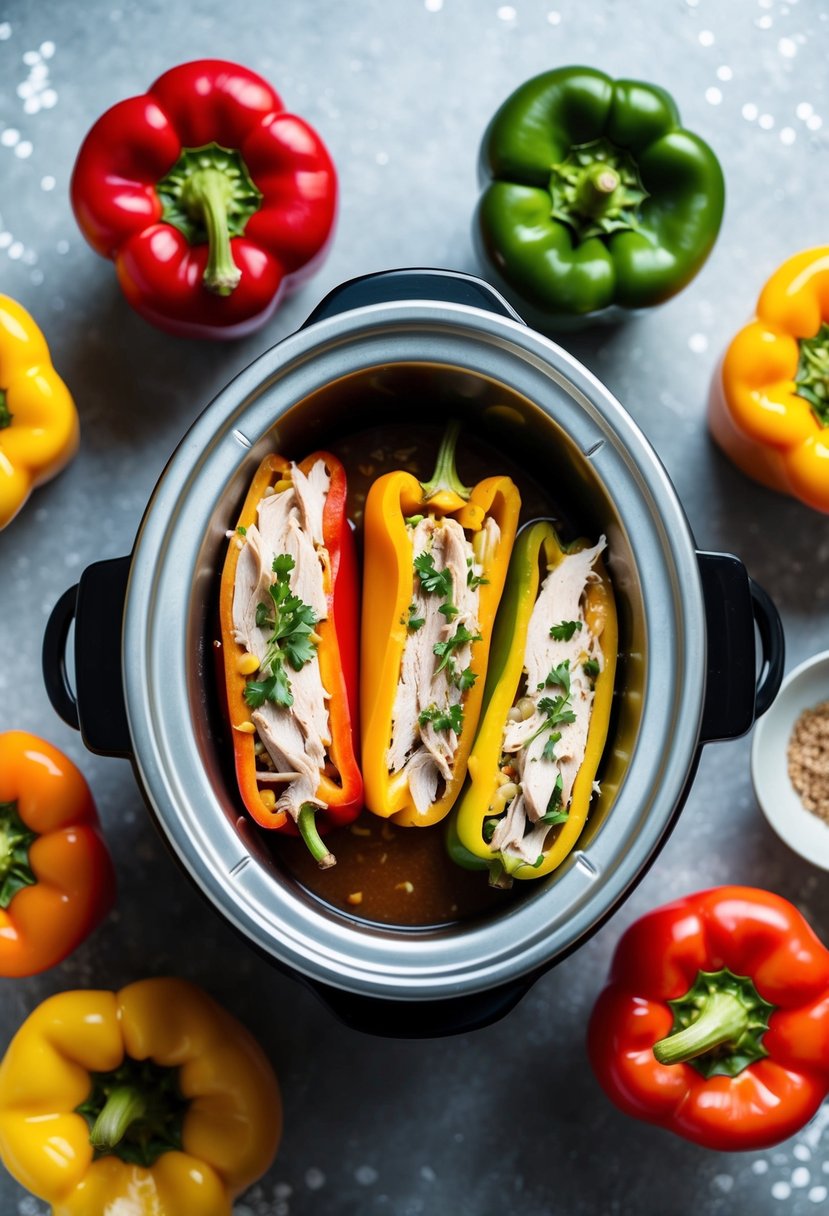 A slow cooker surrounded by colorful bell peppers stuffed with seasoned turkey, creating a low-calorie and healthy meal